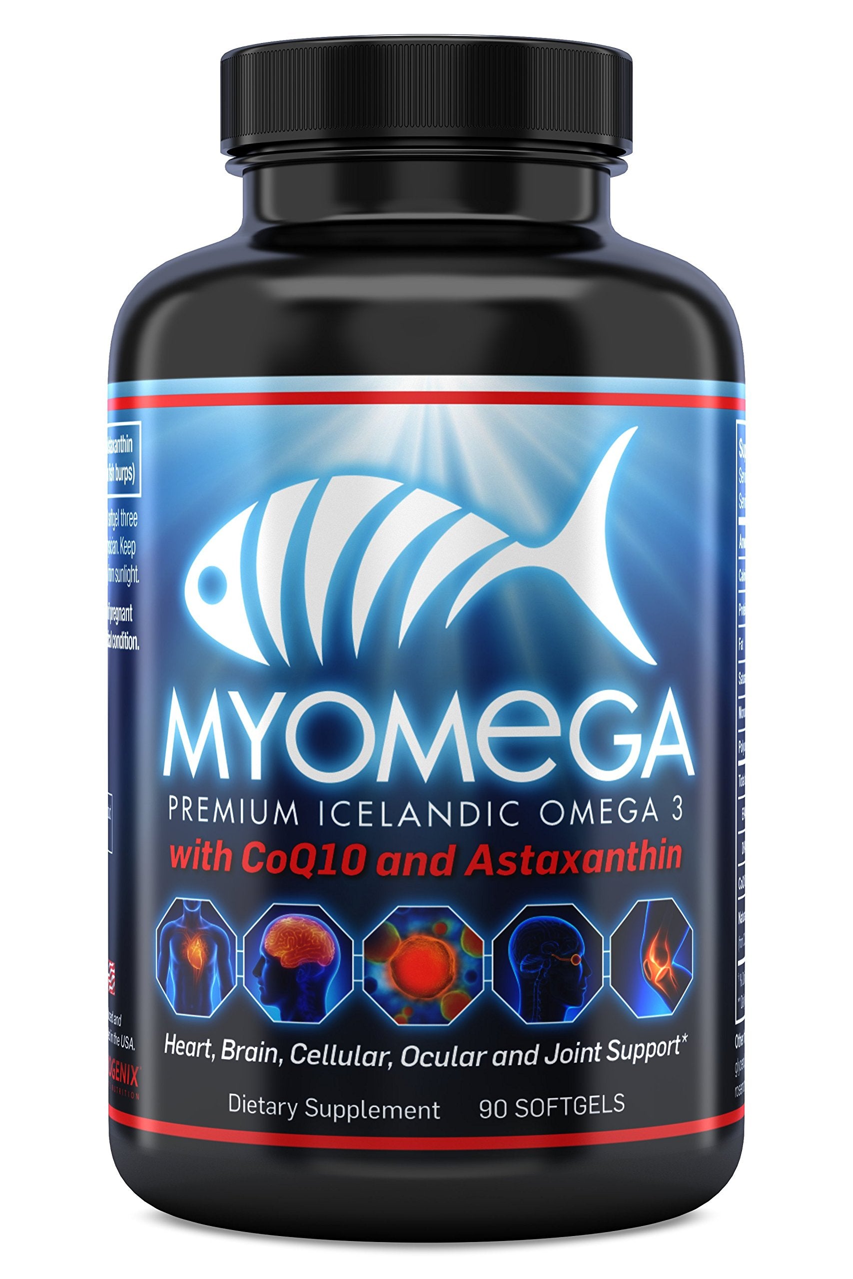 Myogenix Myomega bottle front, premium omega-3 supplement for brain and heart health