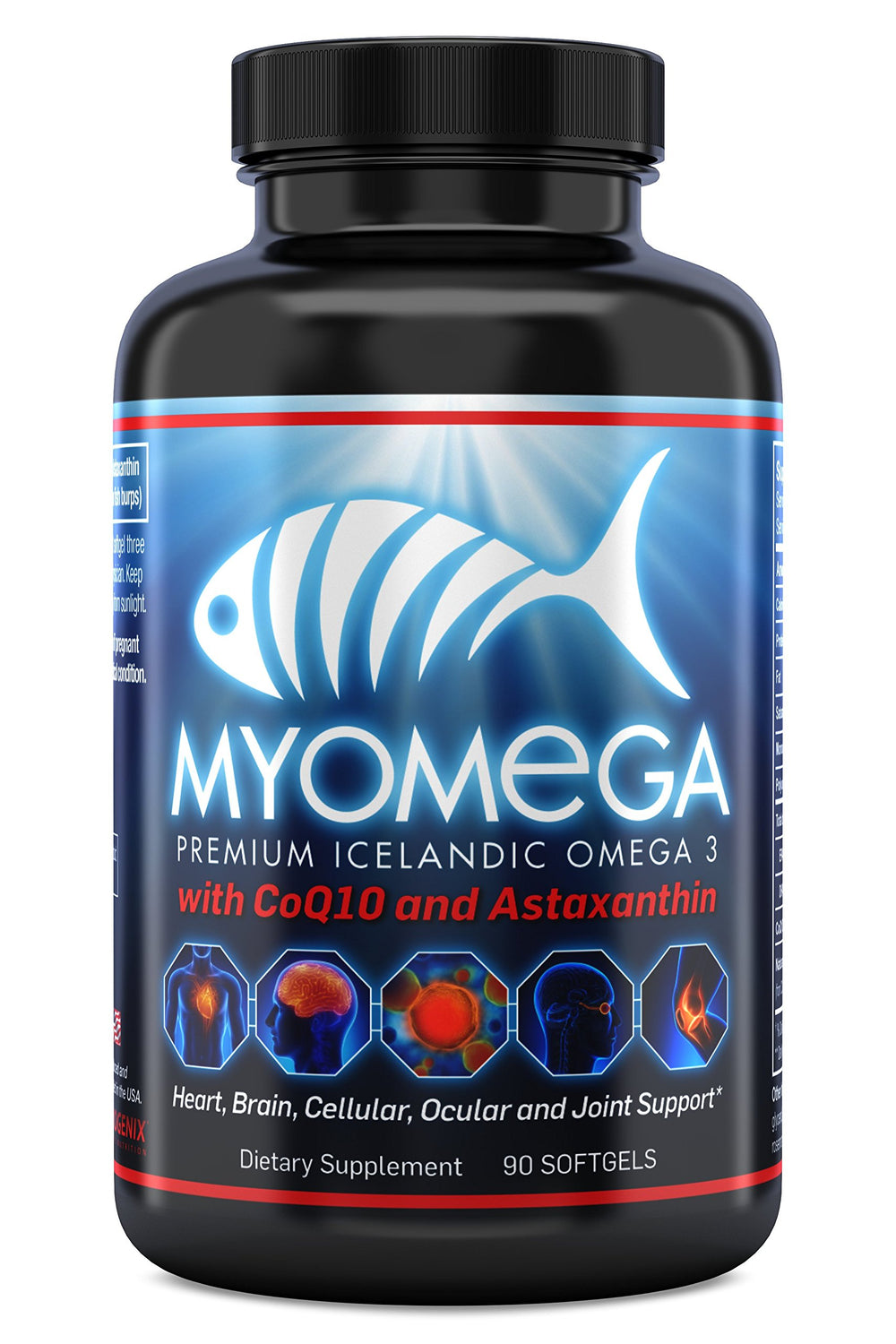 Myogenix Myomega bottle front, premium omega-3 supplement for brain and heart health