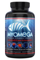 Myogenix Myomega bottle front, premium omega-3 supplement for brain and heart health
