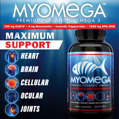 Myogenix Myomega softgels close-up, easy-to-digest capsules with no fishy aftertaste