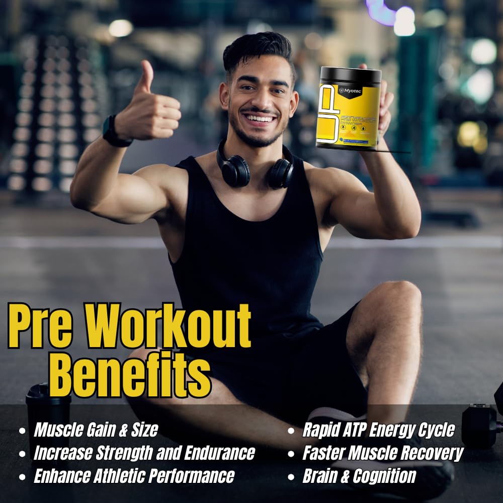 MYOTEC UP Mid Pre Workout ingredients page shows L-citrulline and sugar-free formula.
