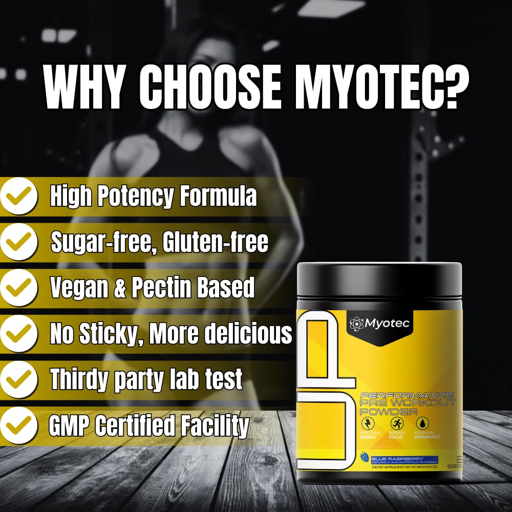 MYOTEC UP Mid Pre Workout packaging emphasizes third-party tested quality and performance.