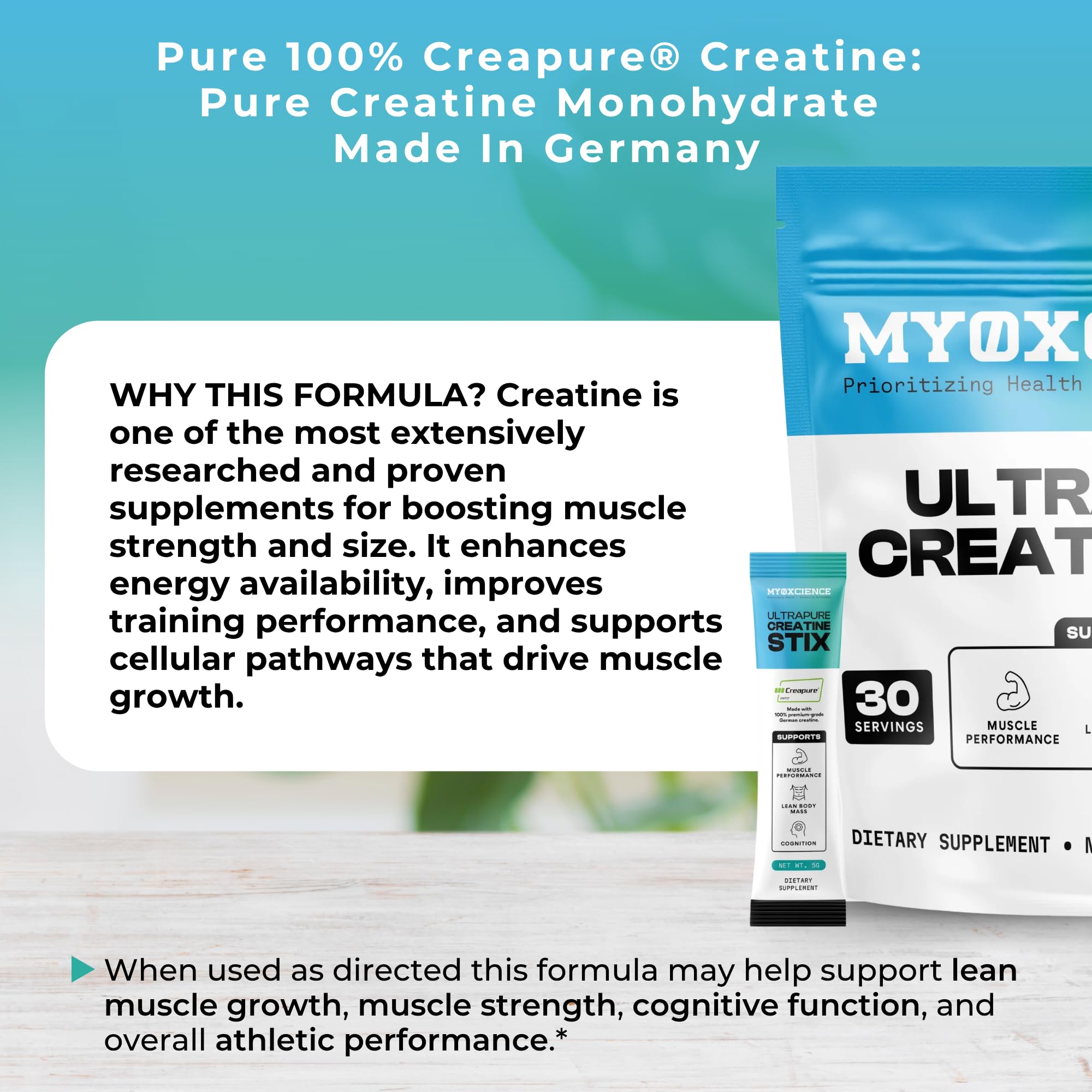MYOXCIENCE Creapure Creatine Stix in a shaker for versatile blending.