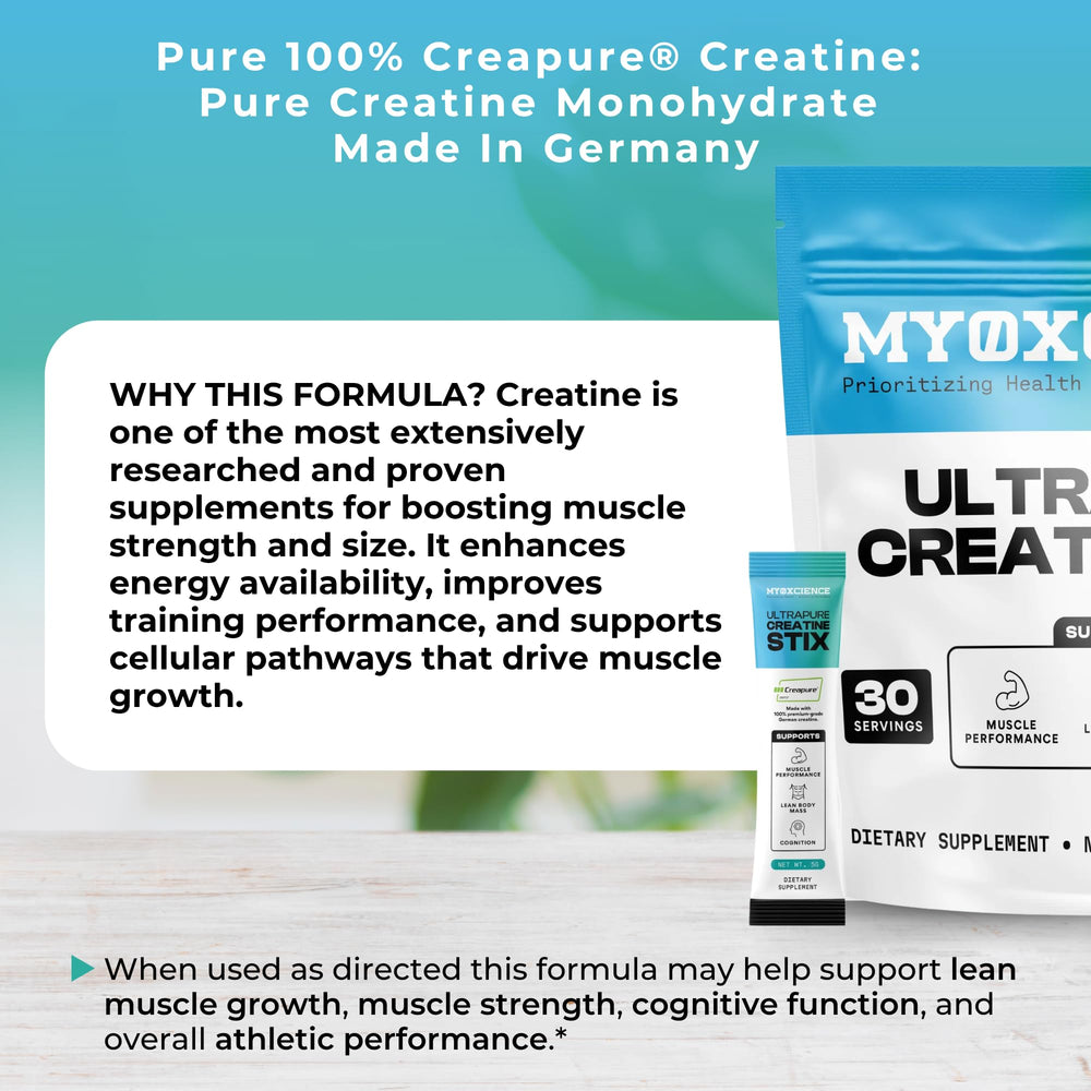 MYOXCIENCE Creapure Creatine Stix in a shaker for versatile blending.