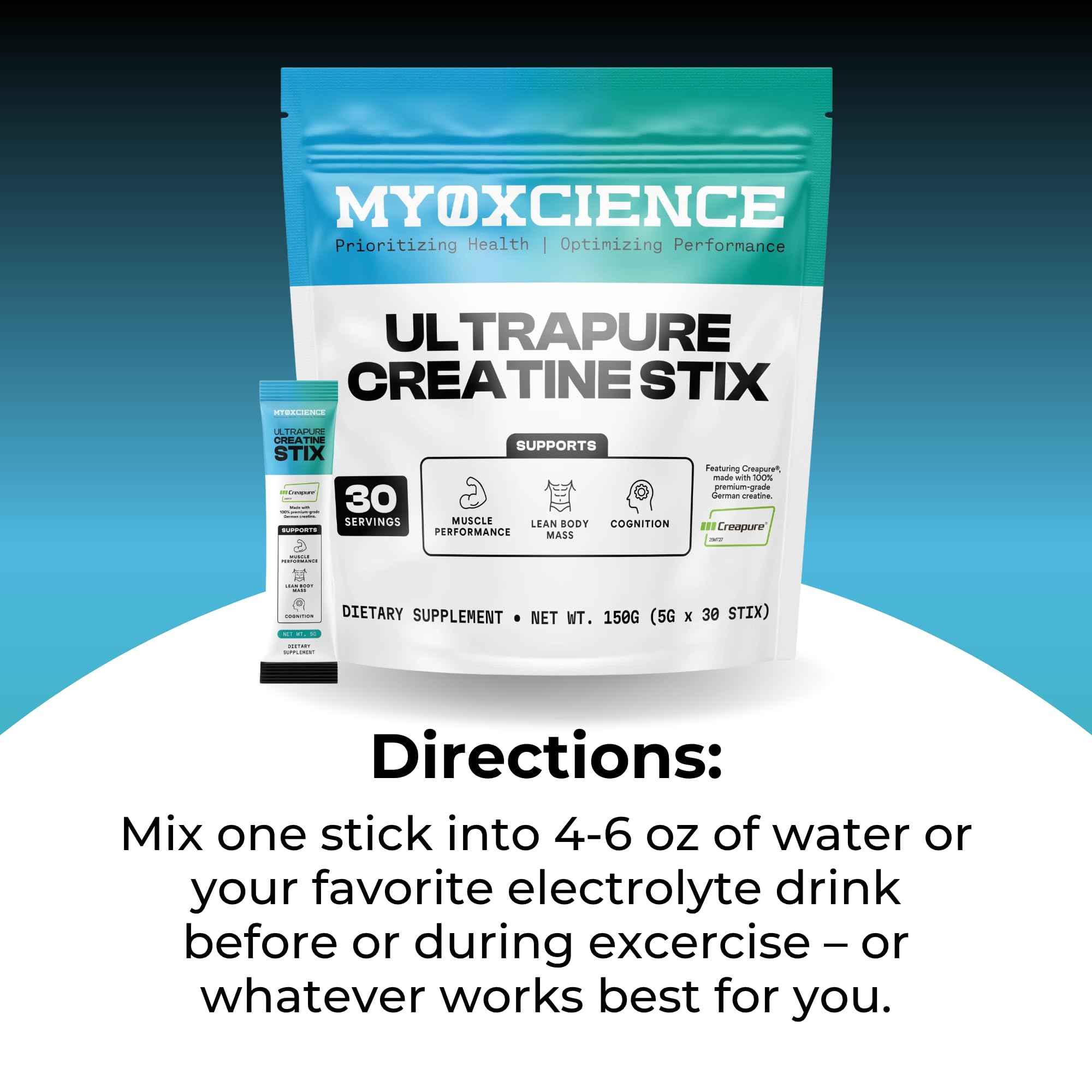 MYOXCIENCE Creapure Creatine Stix label close-up showing testing and purity.