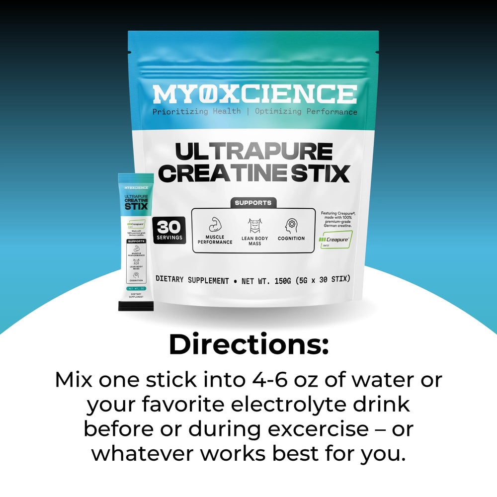 MYOXCIENCE Creapure Creatine Stix label close-up showing testing and purity.
