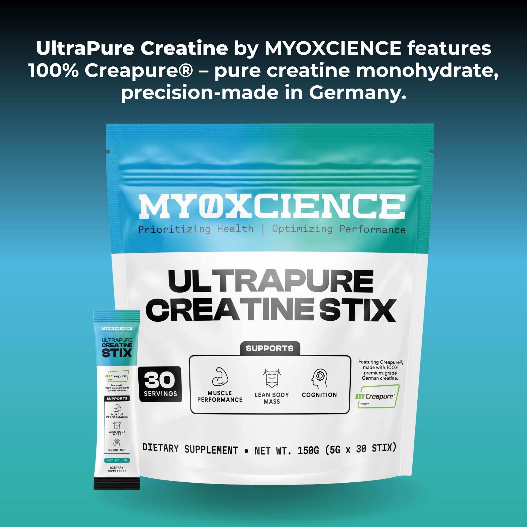 MYOXCIENCE Creapure Creatine Stix beside a gym bag for travel use.