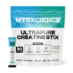 MYOXCIENCE Creapure Creatine Stix pack front shows convenient daily use for workouts.