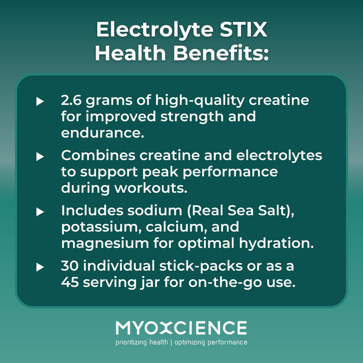 MYOXCIENCE Electrolyte STIX after-workout scene suggests refreshing recovery drink.
