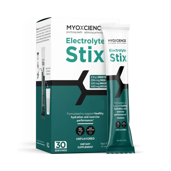 MYOXCIENCE Electrolyte STIX front label showcases hydration-ready, unflavored powder.