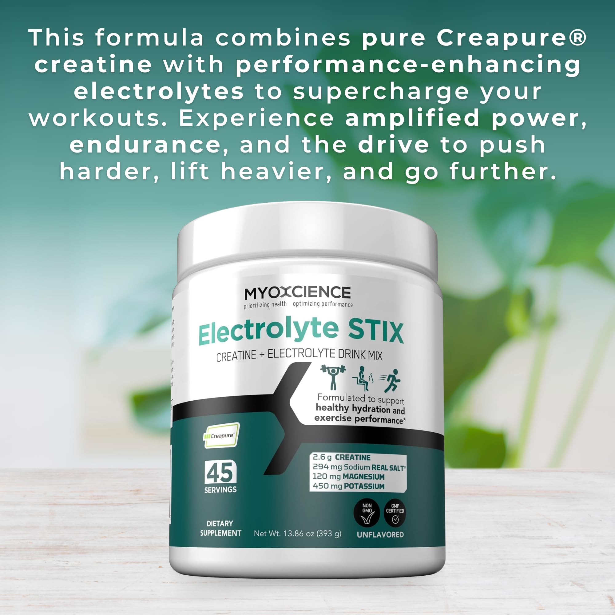 MYOXCIENCE Electrolyte STIX ingredients real salt shown for mineral balance.