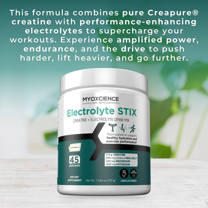 MYOXCIENCE Electrolyte STIX ingredients real salt shown for mineral balance.