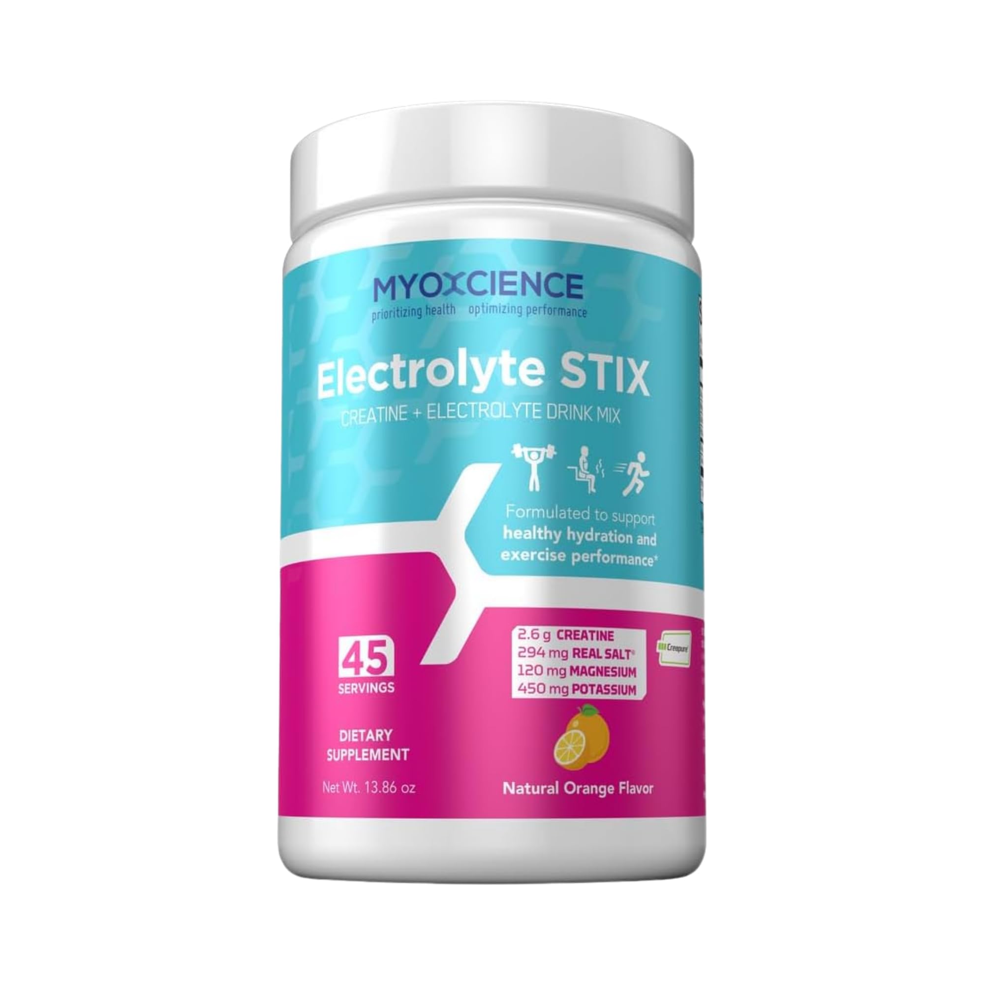 MYOXCIENCE Electrolyte STIX jar front with Real Salt for steady hydration during workouts.