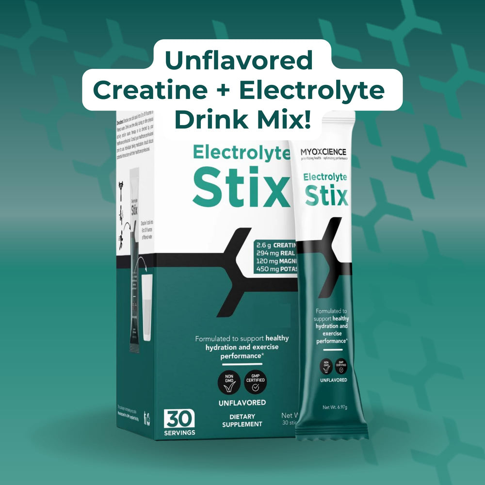 MYOXCIENCE Electrolyte STIX powder in glass demonstrates unflavored mix with water.