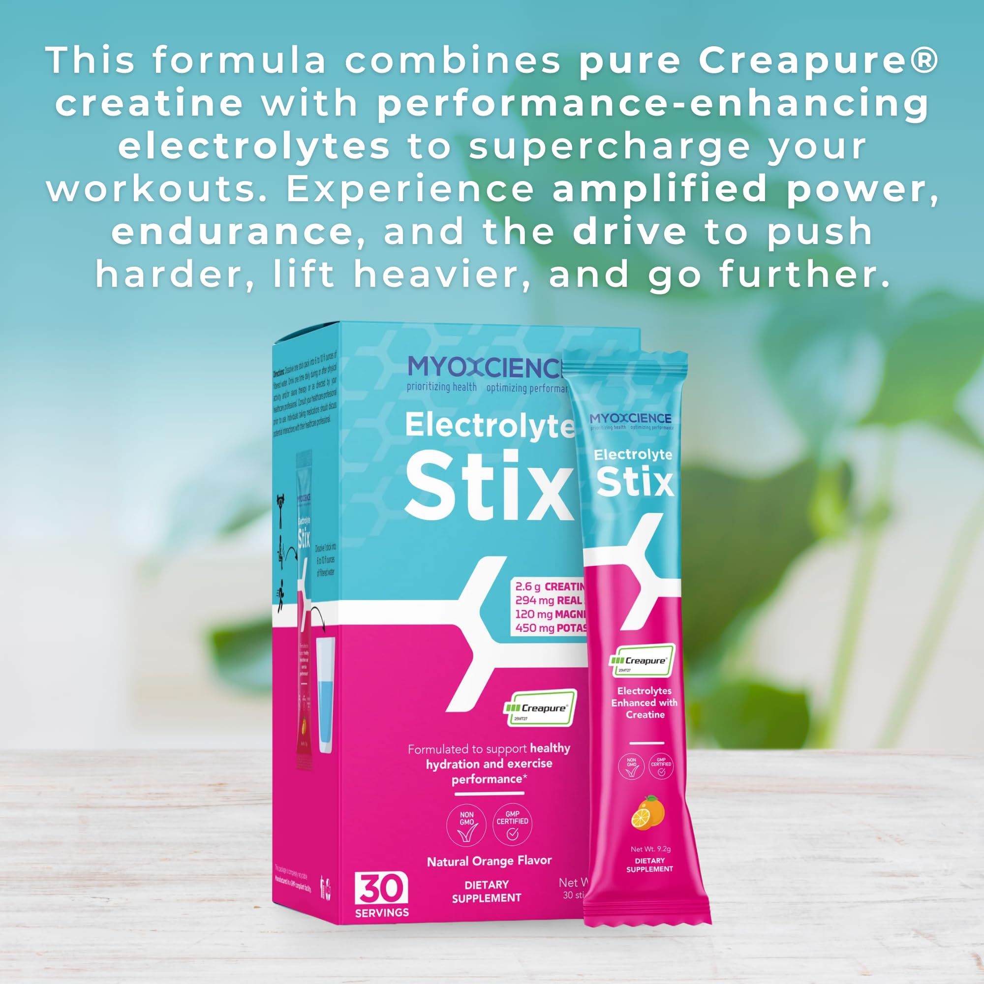 MYOXCIENCE Electrolyte STIX prepared drink shows natural orange flavor and minerals.