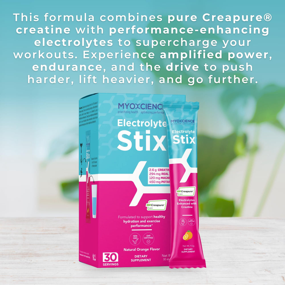 MYOXCIENCE Electrolyte STIX prepared drink shows natural orange flavor and minerals.