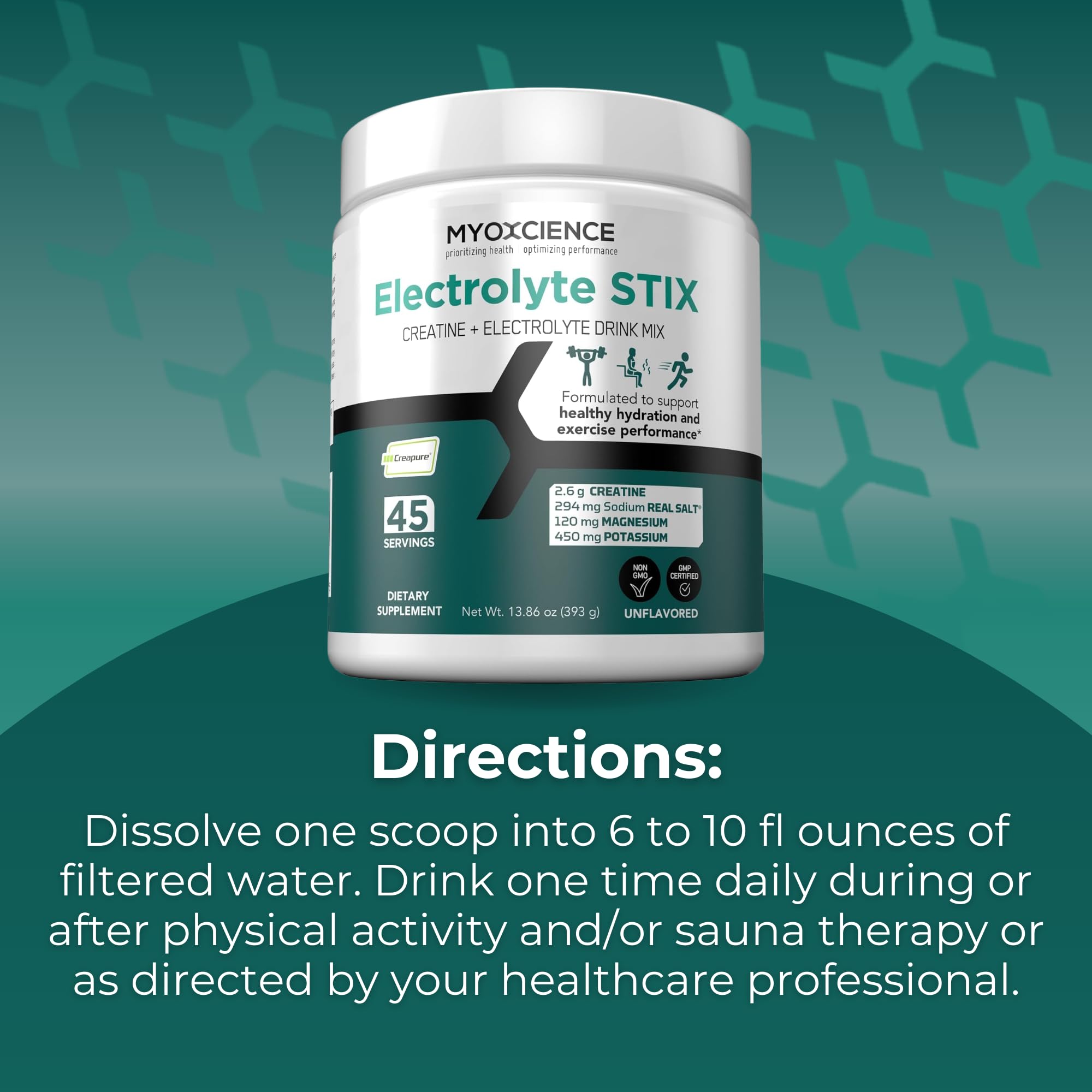 MYOXCIENCE Electrolyte STIX unflavored mix in bottle blends with any beverage.