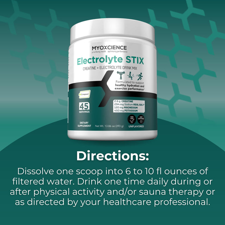 MYOXCIENCE Electrolyte STIX unflavored mix in bottle blends with any beverage.