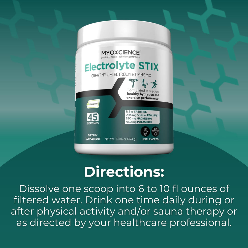 MYOXCIENCE Electrolyte STIX unflavored mix in bottle blends with any beverage.