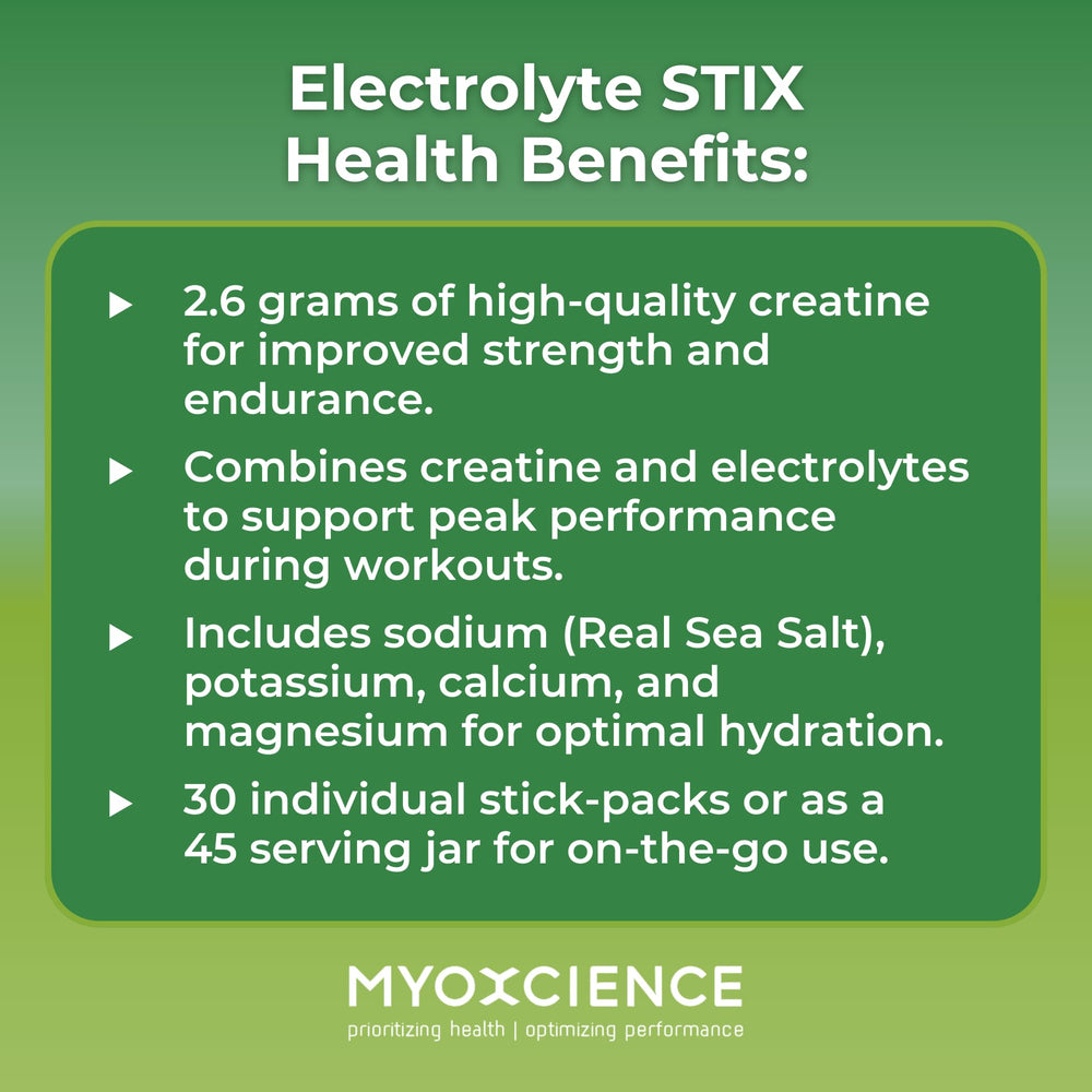 MYOXCIENCE label highlights creatine and taurine on the lemon lime STIX