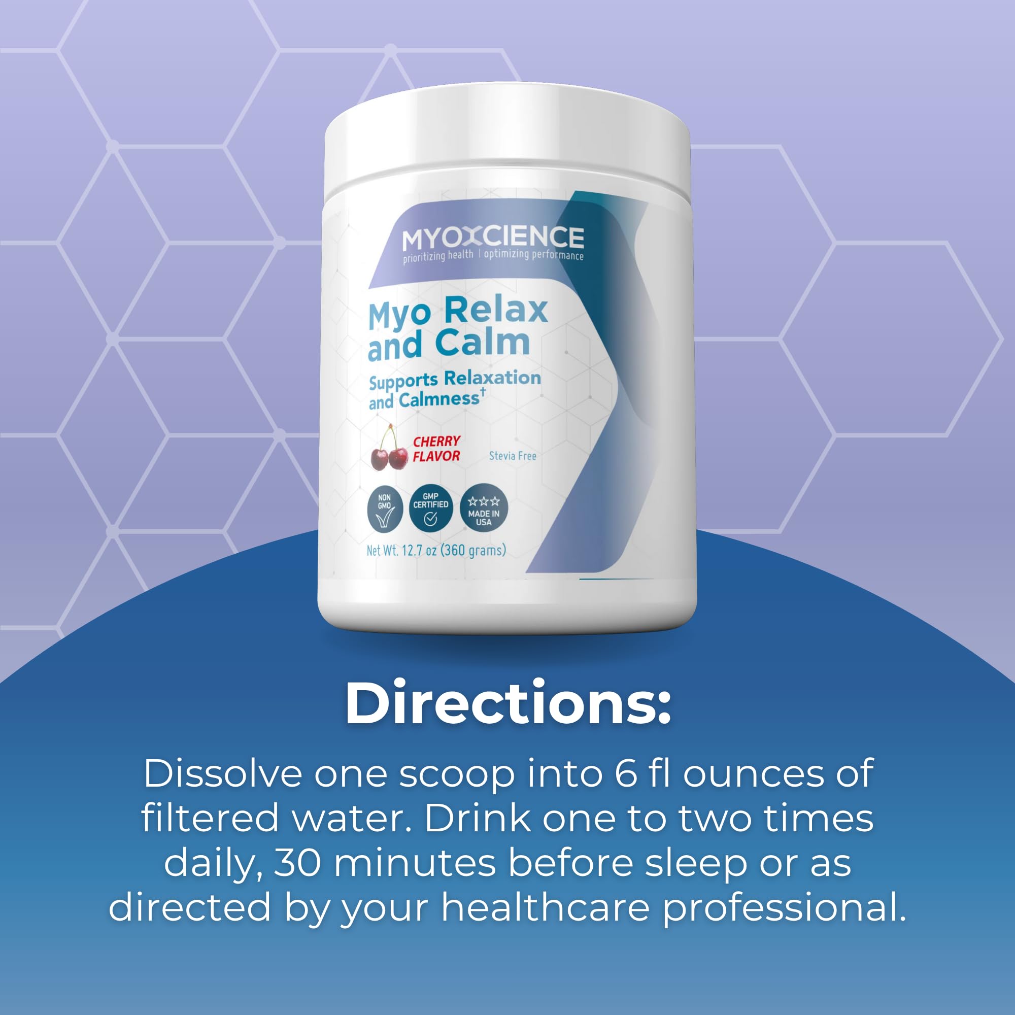 MYOXCIENCE Myo Relax bottle in night scene conveying peaceful wind-down