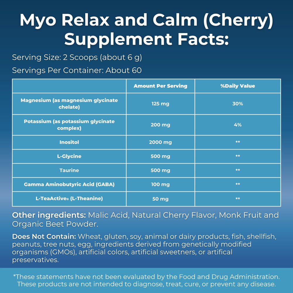 MYOXCIENCE Myo Relax bottle label close-up with cherry flavor