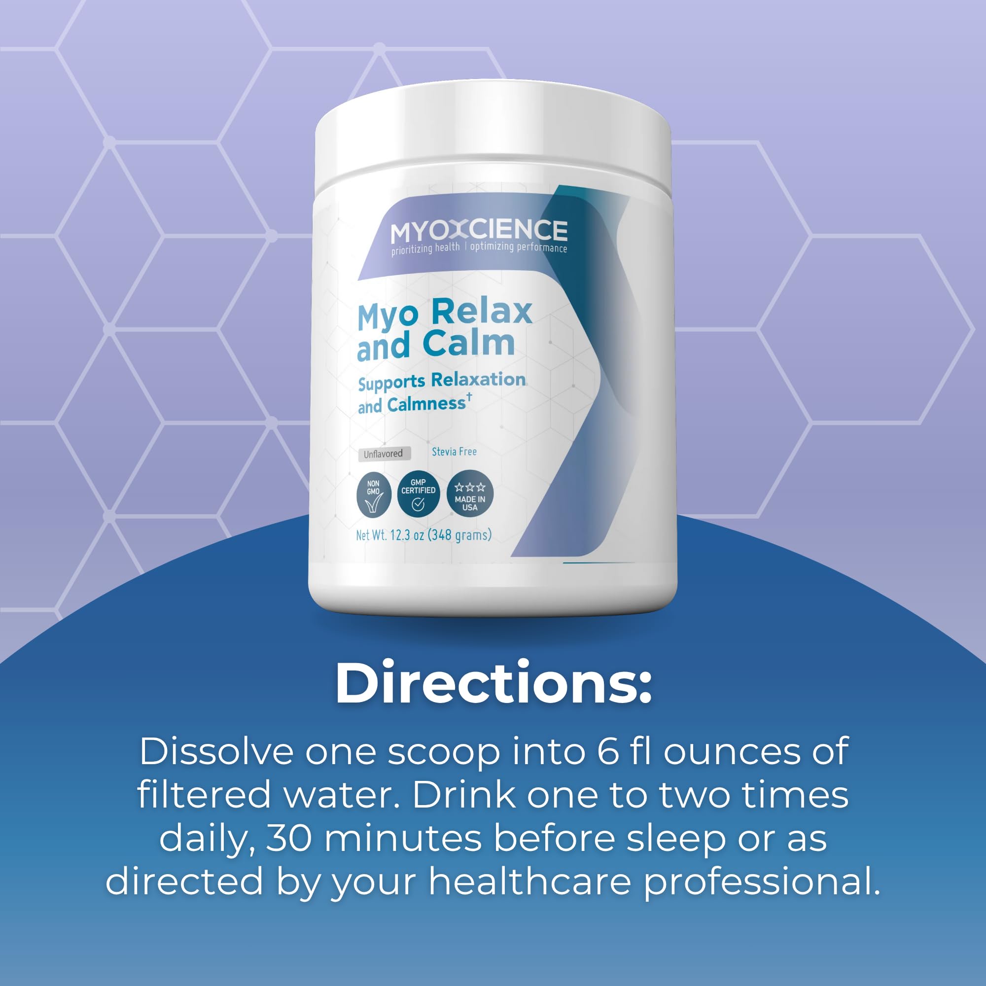 Unflavored MYOXCIENCE Myo Relax for flexible mixing with beverages.