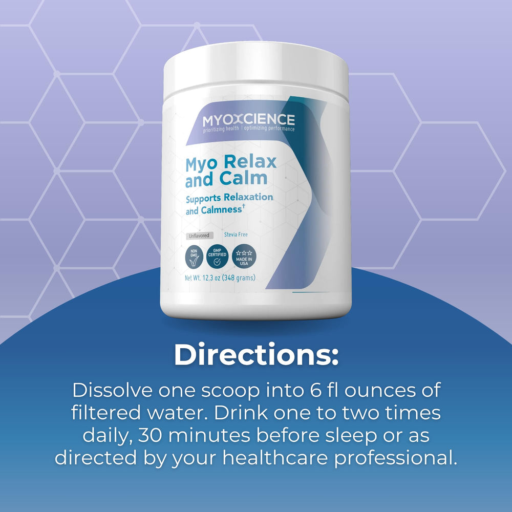 Unflavored MYOXCIENCE Myo Relax for flexible mixing with beverages.