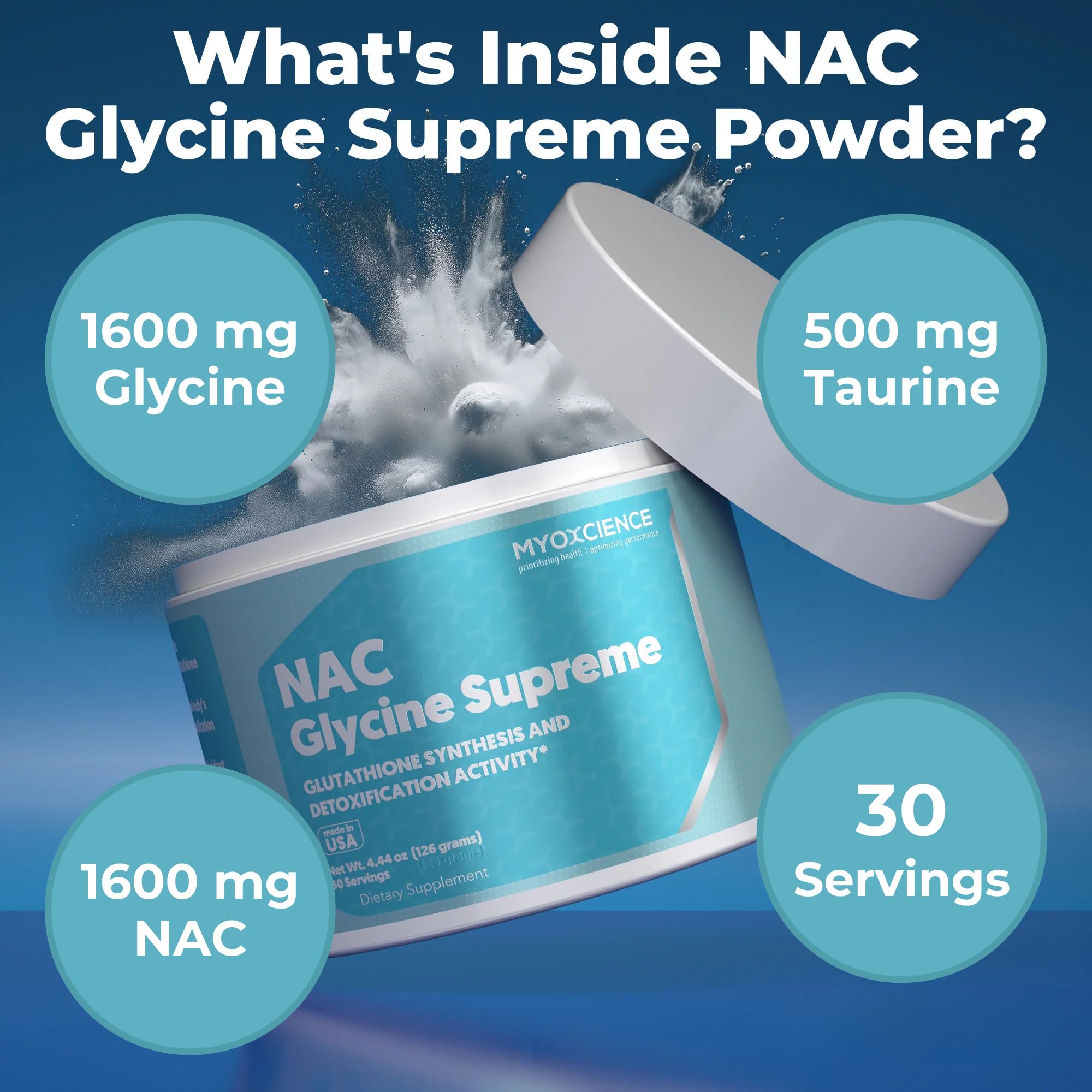 MYOXCIENCE NAC Glycine Supreme powder being dispensed from scoop