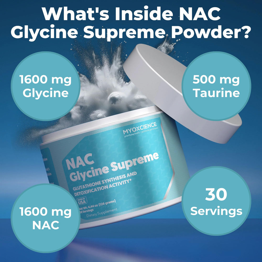 MYOXCIENCE NAC Glycine Supreme powder being dispensed from scoop