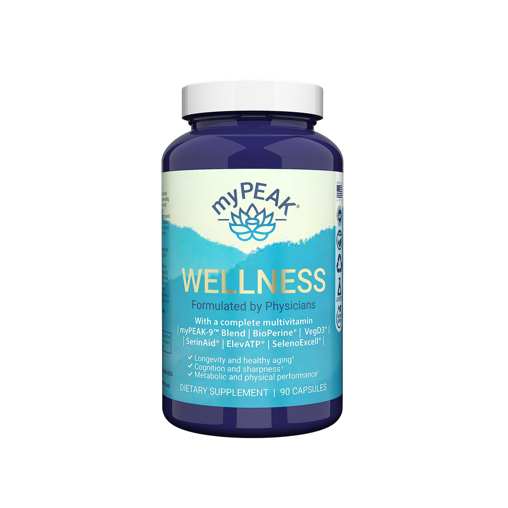 myPEAK Wellness bottle front showing compact vegan multivitamin for daily balance