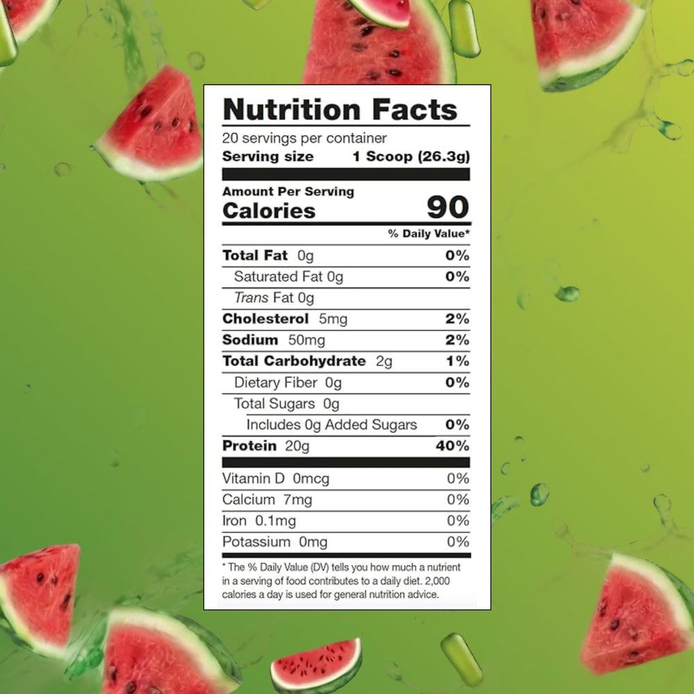 Serving of Sour Watermelon Clear Whey in a glass, refreshing protein drink