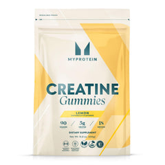 Myprotein Creatine Gummies lemon label close-up highlighting 5 g per serving for performance support.
