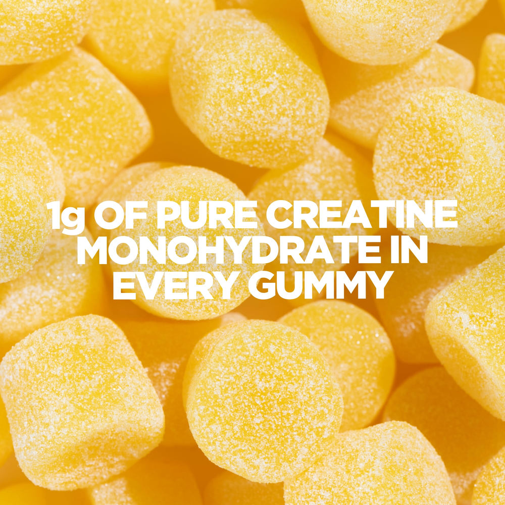 Myprotein Creatine Gummies peach flavor bottle on display suggests on-the-go convenience.