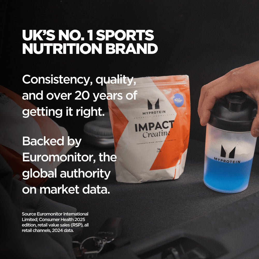 Myprotein Creatine Monohydrate packaging shows serving details and benefits