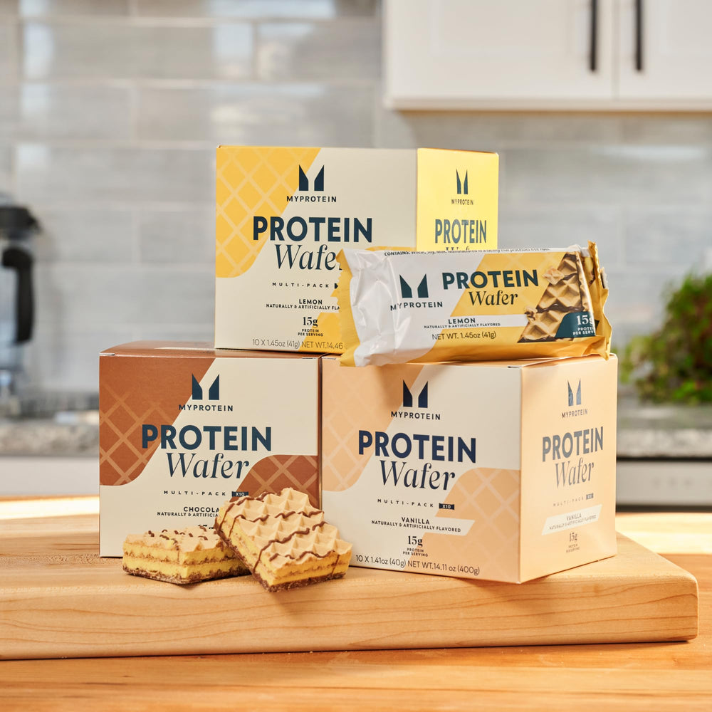 Myprotein Crispy Wafers bar side view highlights 15g protein per bar.