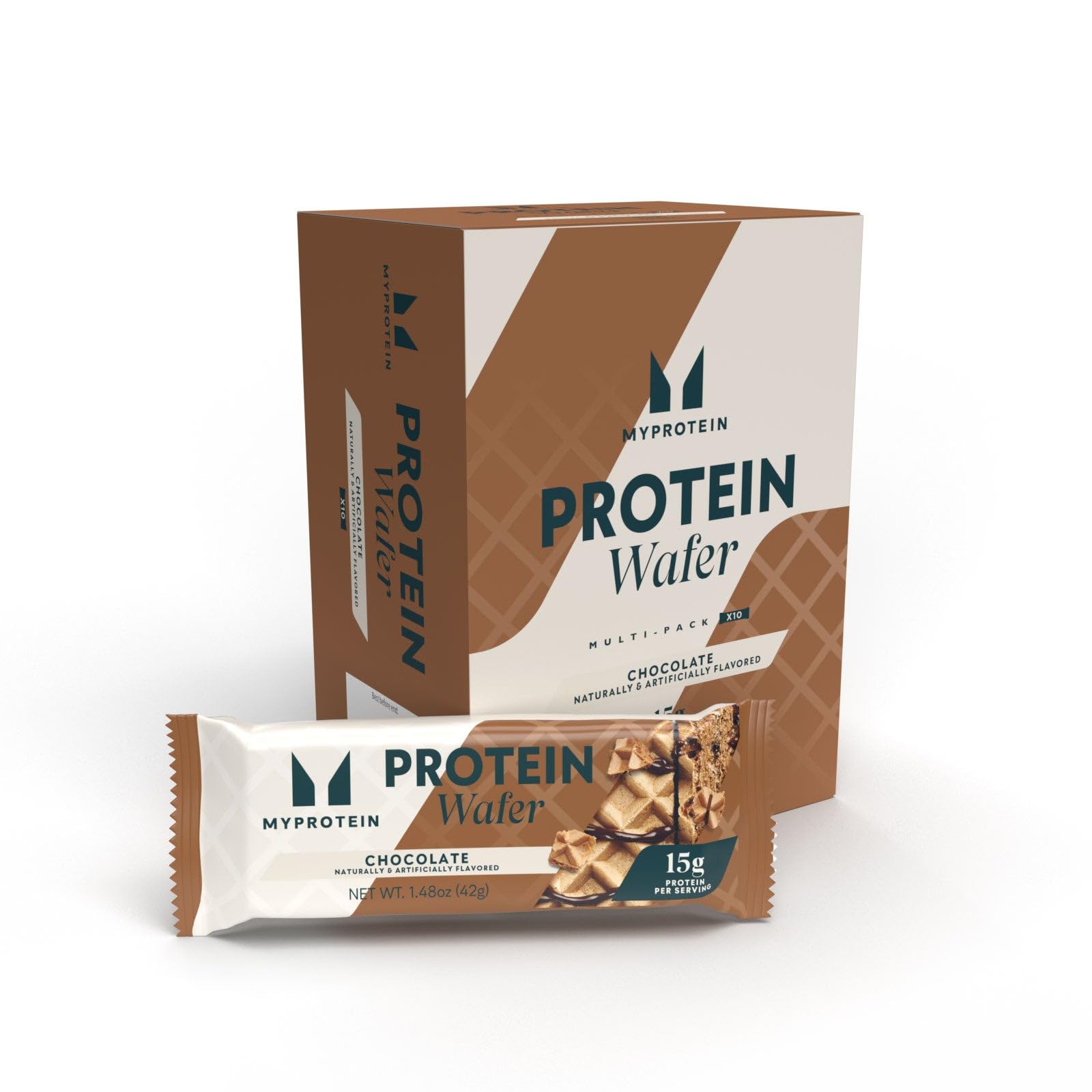 Myprotein Crispy Wafers box front shows convenient high-protein snack for on-the-go workouts.