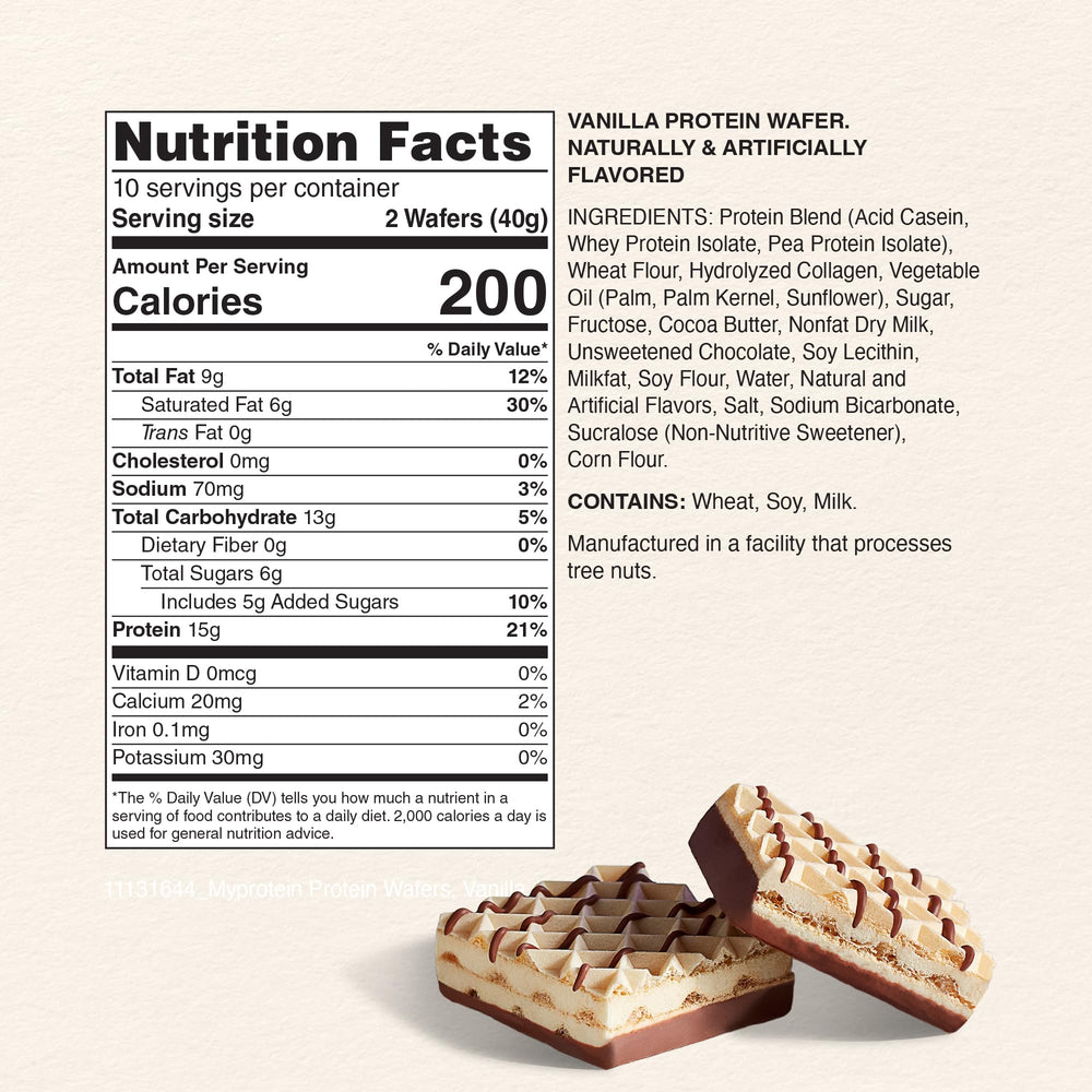 Myprotein Crispy Wafers Vanilla coating closeup highlights crunchy texture and chocolate coating.