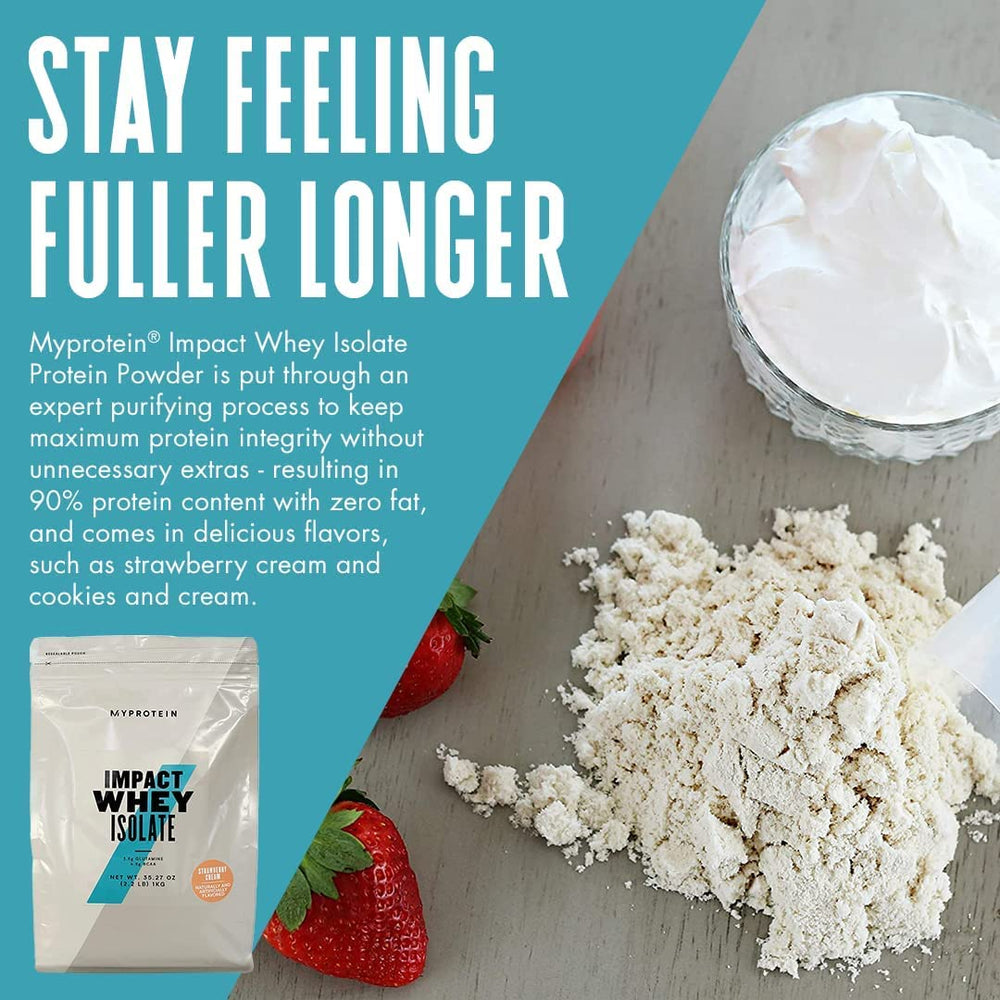 Myprotein Impact Whey Isolate Strawberry powder ready to blend in smoothies