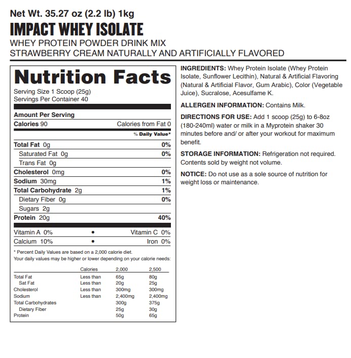 Myprotein Impact Whey Isolate Strawberry tub displayed for convenient daily protein