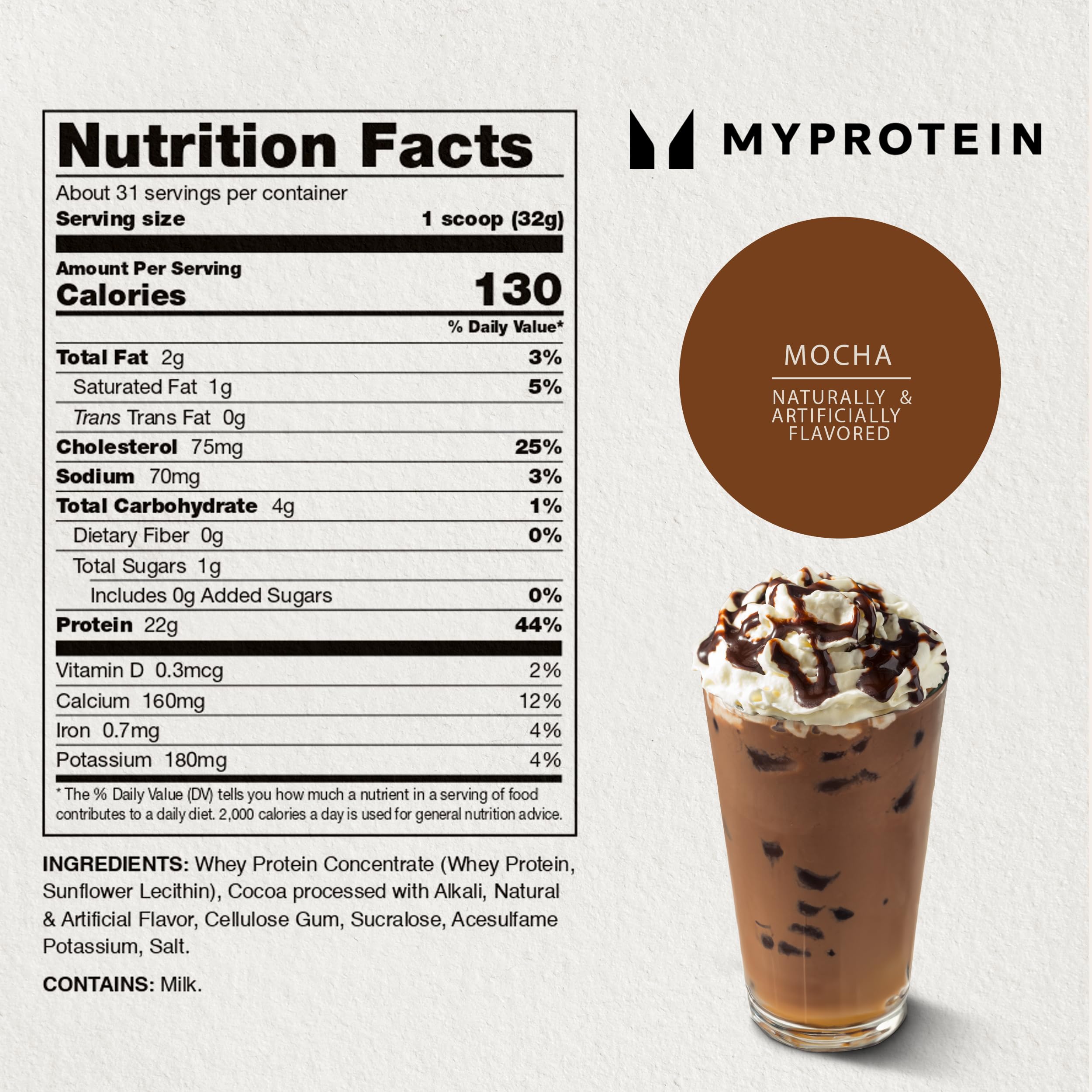 Myprotein Impact Whey Mocha nutrition panel notes dairy and soy content.