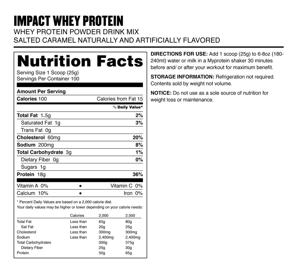 Myprotein Impact Whey Nutrition Facts label emphasizing protein per serving