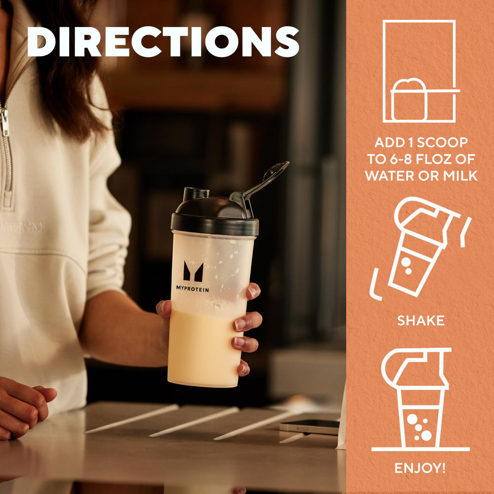 Myprotein Impact Whey Protein Isolate shake in a glass, smooth mix.