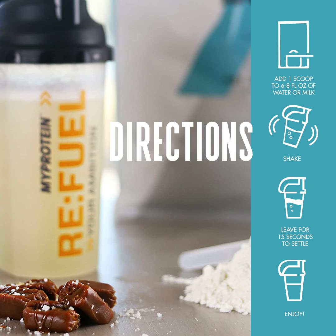 Pouring Myprotein Impact Whey Salted Caramel into a glass for a quick shake
