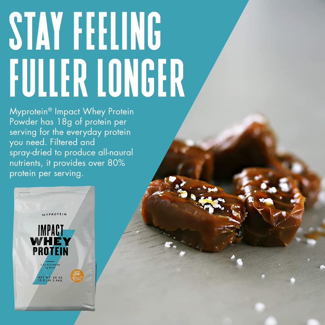 Close-up of Myprotein Impact Whey Salted Caramel powder texture for smooth shakes