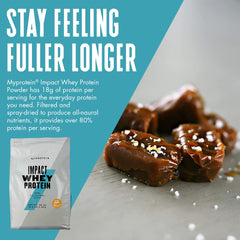 Close-up of Myprotein Impact Whey Salted Caramel powder texture for smooth shakes