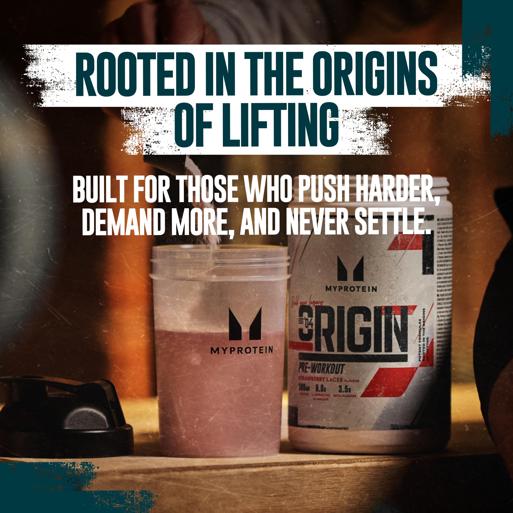 Origin Pre-Workout powder being poured into a shaker for a smooth, effective mix.