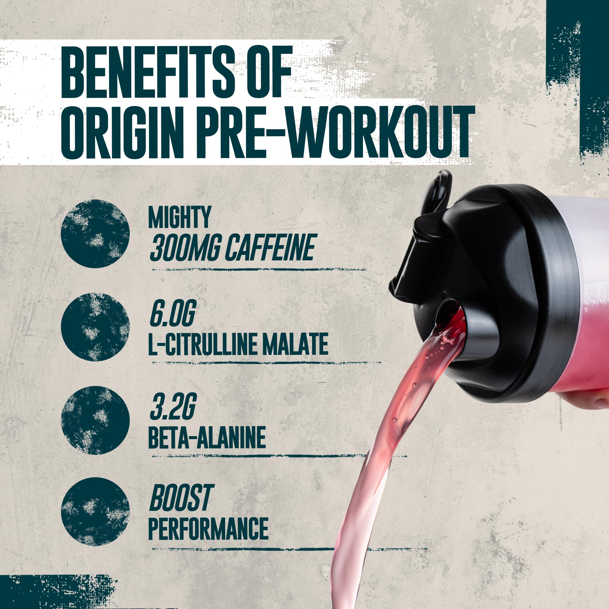 Myprotein Origin Pre-Workout scoop beside the tub, ready to measure a focus-boosting dose.