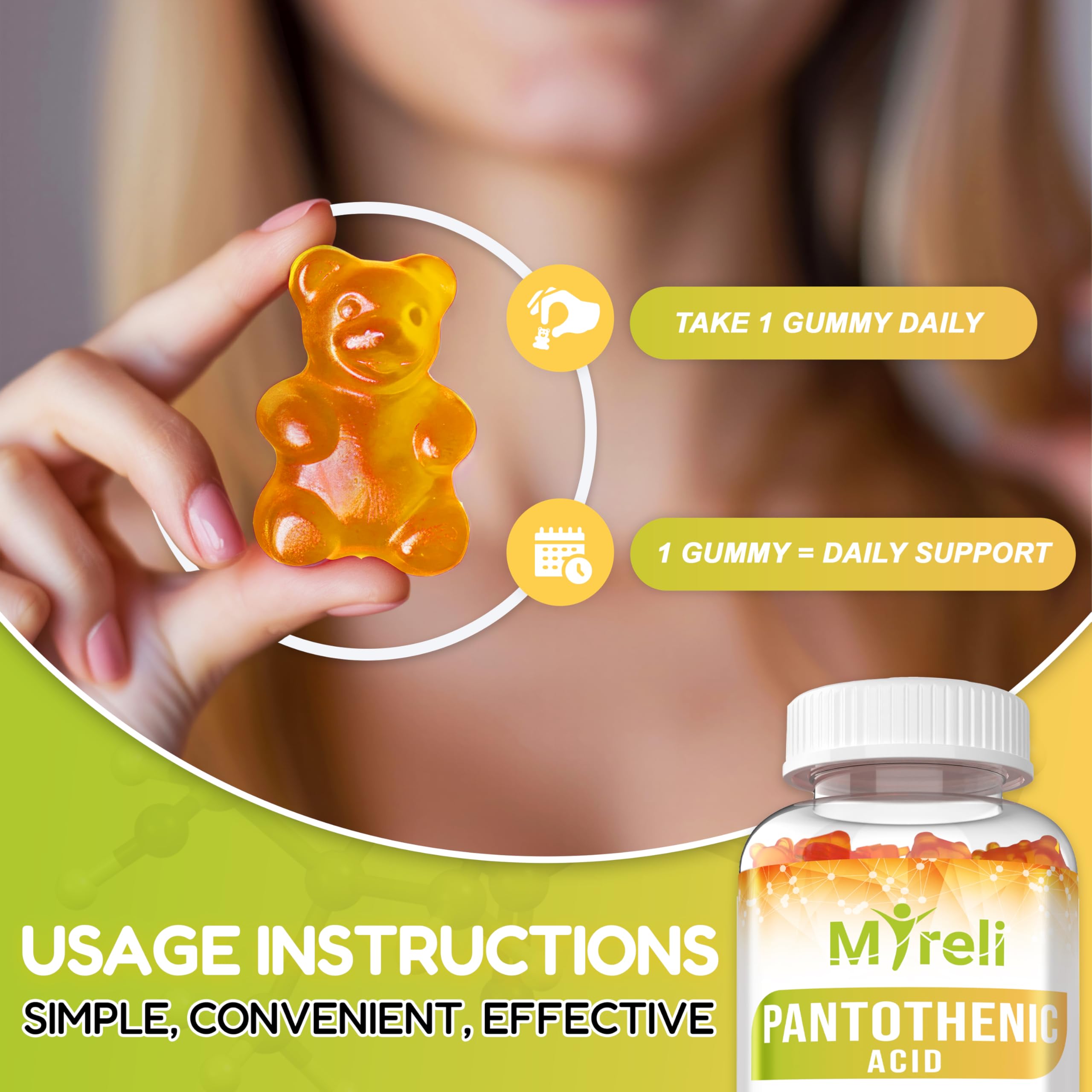 Daily use visual of MYRELI Pantothenic Acid Gummies for convenient chewable B5.