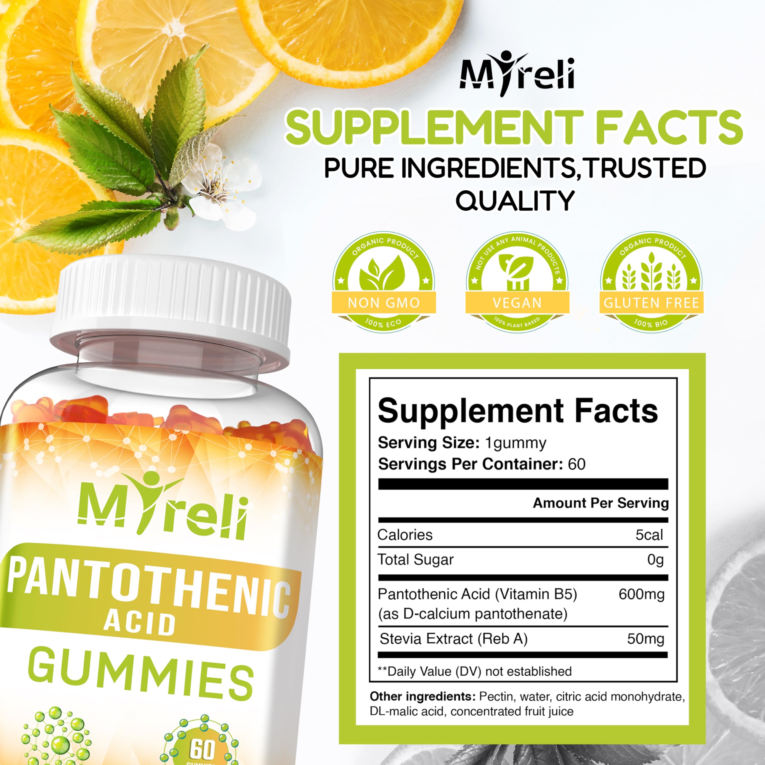 Packaging for MYRELI Pantothenic Acid Gummies emphasizes gelatin free vegetarian option.